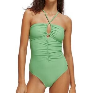 Scotch & Soda Bright Parakeet Ruched Front Halter Neck One Piece Swimsuit